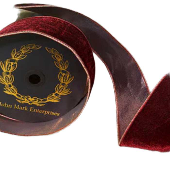 Close-up of JME 2.5-inch burgundy ribbon, showing its rich velvet face, shimmering metallic dupion reverse, and coordinating edges.