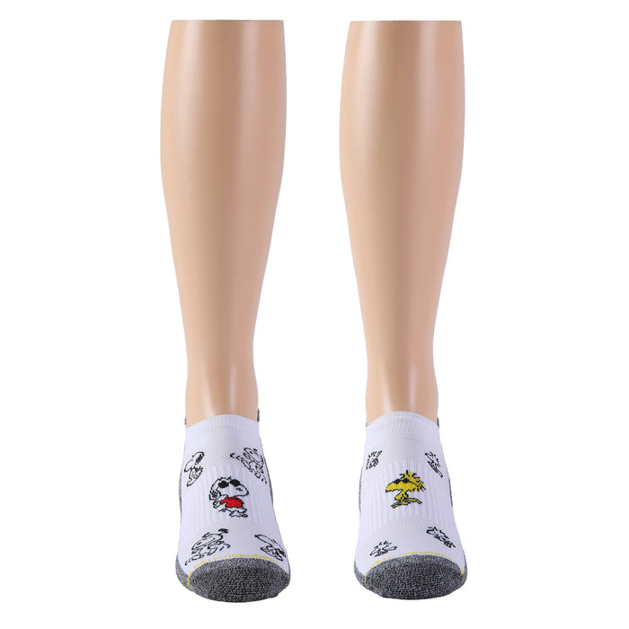 White and black marled quarter compression socks for men with Snoopy designs, shown from the front.
