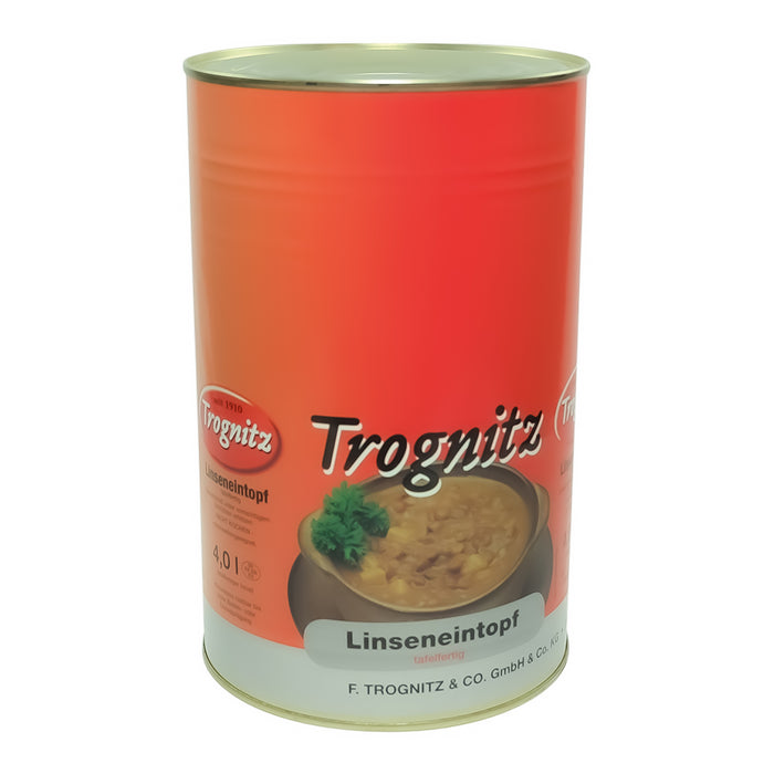 Trognitz Linseneintopf tafelfertig - große Konservendose für 4 Liter mit rotem Etikett und Suppe als Motiv