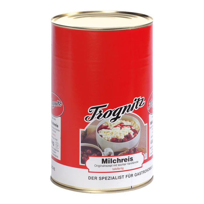 Trognitz Milchreis in großer Dose mit Abbildung von cremigem Reisdessert.