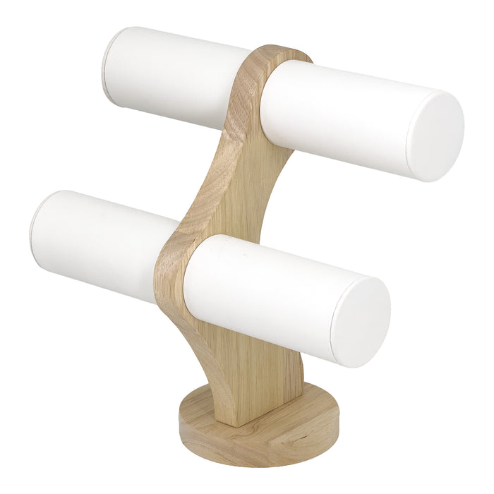 9 1/4" x 9 1/4" White Leatherette Natural Wood 2-Tier Round Bar Bracelet Display