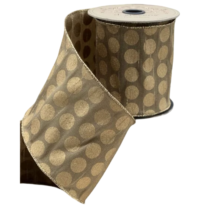 D. Stevens antique gold faux dupioni wired ribbon with metallic gold dots, 4 inches wide, available by the yard or 10-yard roll.