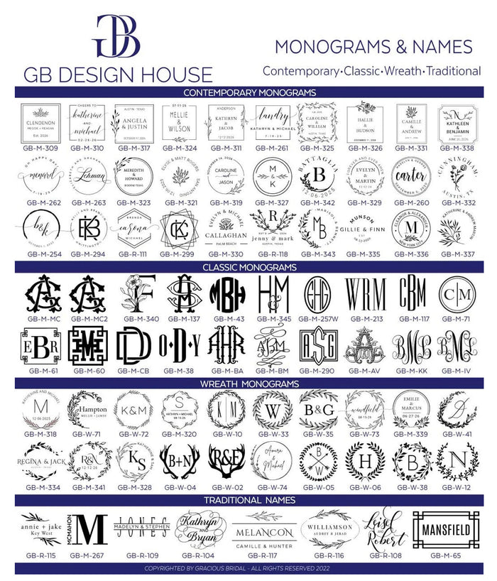 a collection of monograms and names, including contemporary, classic, wreath-traditions, and traditional names, presented in a collage format.
