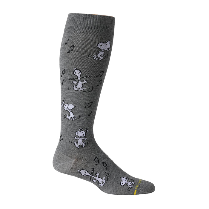 Grey heather knee-high compression socks for men featuring a dancing Snoopy design.