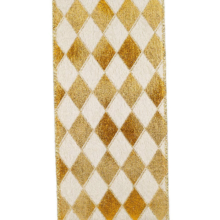 Four-inch velvet ribbon with alternating gold and ivory harlequin diamonds, arranged in loose loops beside a spool on a white background.