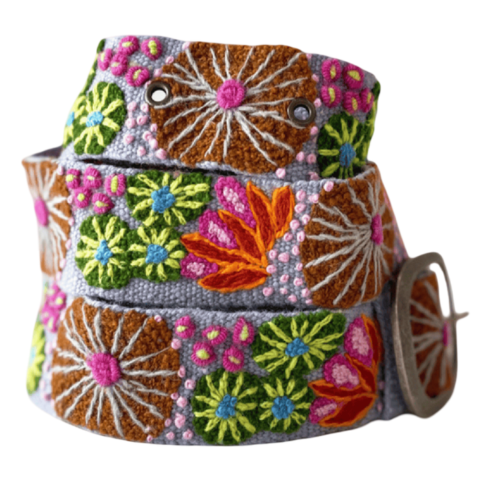 Jenny Krauss Evening Shade wool belt with colorful floral embroidery and metal buckle