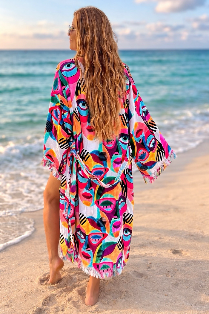 Woman wearing colorful Karli Buxton Picasso print organic cotton kaftan on the beach