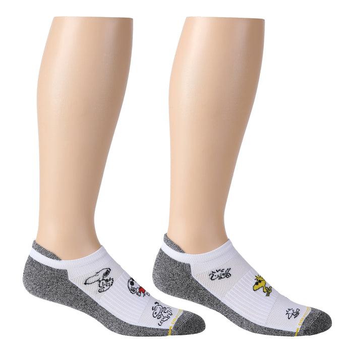 White and black marled quarter compression socks for men featuring multiple Snoopy designs.
