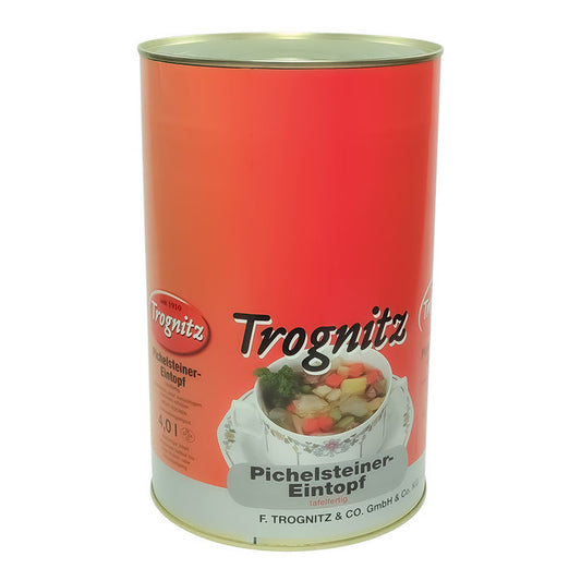 Trognitz Pichelsteiner Eintopf tafelfertig - große Konservendose für 4 Liter mit rotem Etikett und Suppe als Motiv