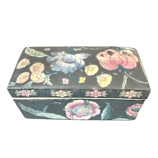 Vintage Chinese Gray Floral Enameled Porcelain Lidded Box