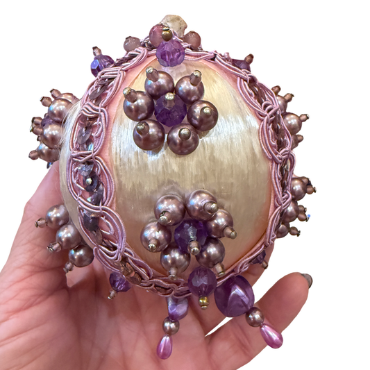 one-of-a-kind vintage Christmas ornament with ivory satin, lavender trim, mauve pearl clusters, and delicate dangling beads.