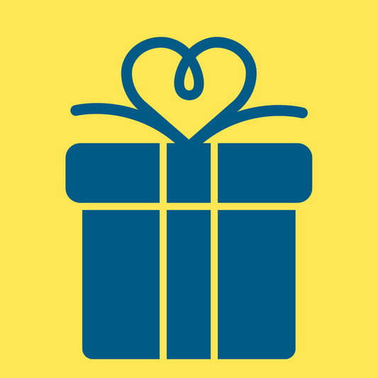 Grafik eines dunkelblauen Geschenks mit herzförmiger Schleife auf gelbem Hintergrund – stilisiertes Symbol für Geschenkideen zu Geburtstag, Jubiläum oder Feiertagen.