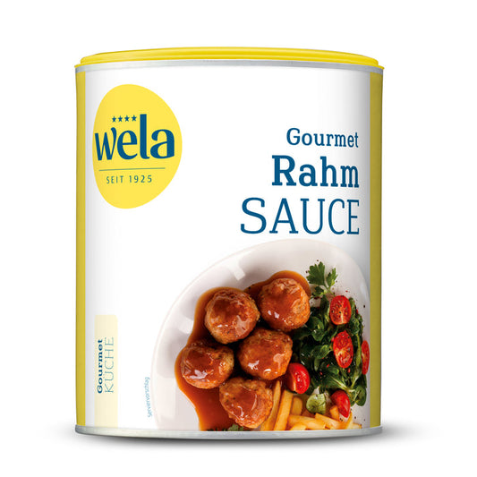 Wela Rahmsauce Gourmet - große Dose mit weiß-gelbem Etikett, Produktbezeichnung und Tellergericht als Motiv.