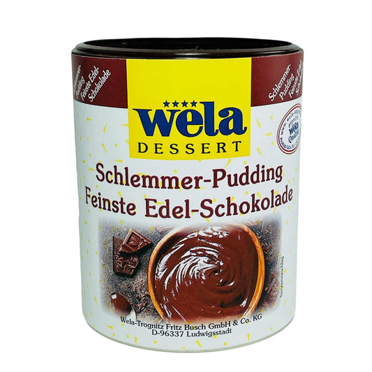 Wela Schlemmer-Pudding Feinste Edel-Schokolade – Dose mit weißem Etikett, Produktbezeichnung und Puddingmotiv.