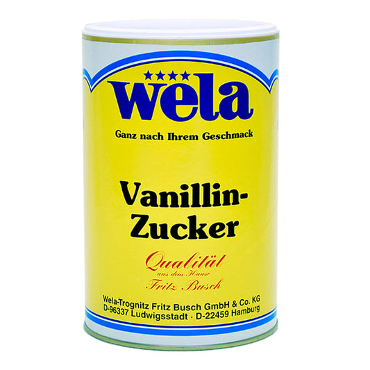 Wela Vanillinzucker - eine große Dose mit gelbem Etikett und Aufschrift Vanillin-Zucker.