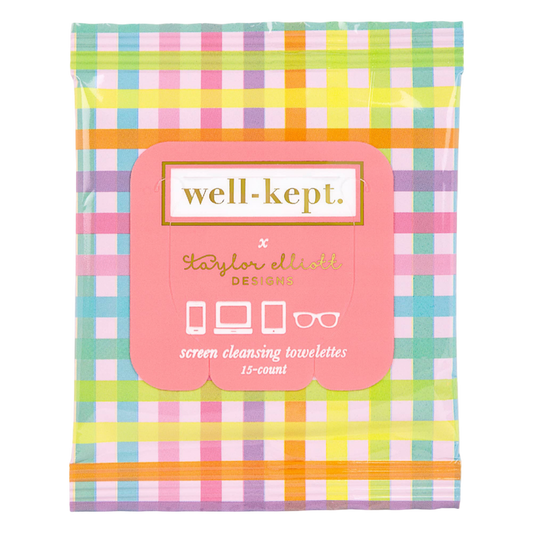Well-Kept x Taylor Elliott Designs, tech wipes, holiday stocking stuffer, rainbow gingham wipes, boutique holiday gift, woman-owned brand, phone cleaning wipes, glasses wipes, small gift ideas, under $10 gifts, holiday tech accessories
